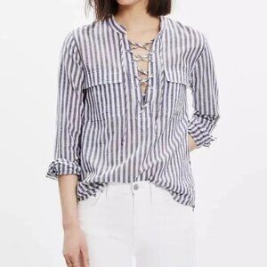 Madewell Striped Terrace Lace-Up Shirt Tunic Blouse Top 35181